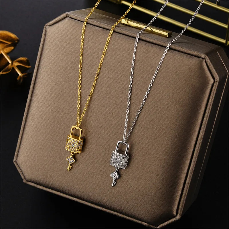 Zircon Lock & Key Pendant Necklace - view 3