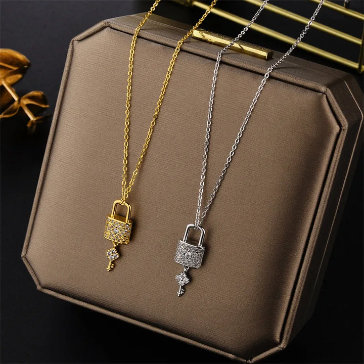 Zircon Lock & Key Pendant Necklace - view 3