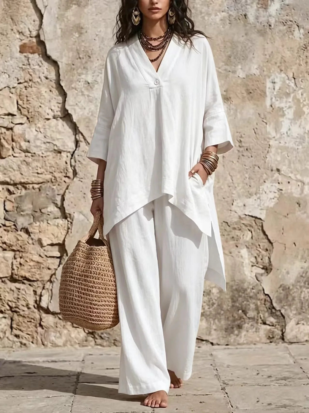 V-Neck Button Top & Wide-Leg Pants Set - view 11
