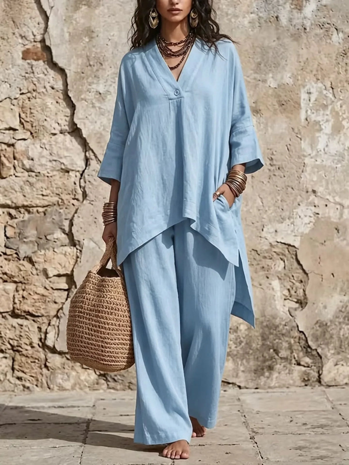 V-Neck Button Top & Wide-Leg Pants Set - view 8
