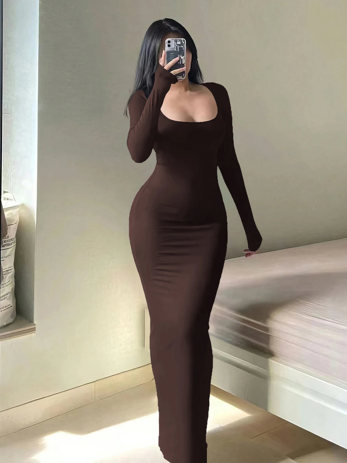 Long Sleeve Square-Neck Bodycon Dress - view 8