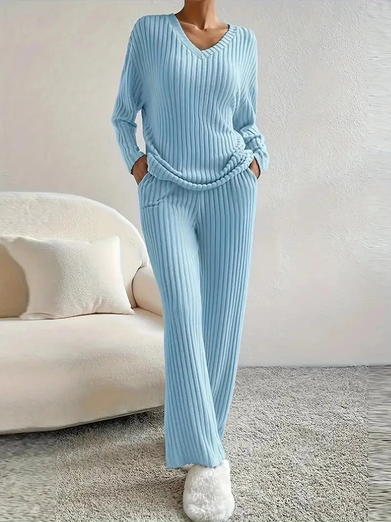 Ribbed Knit V-Neck Loungewear Set - view 6