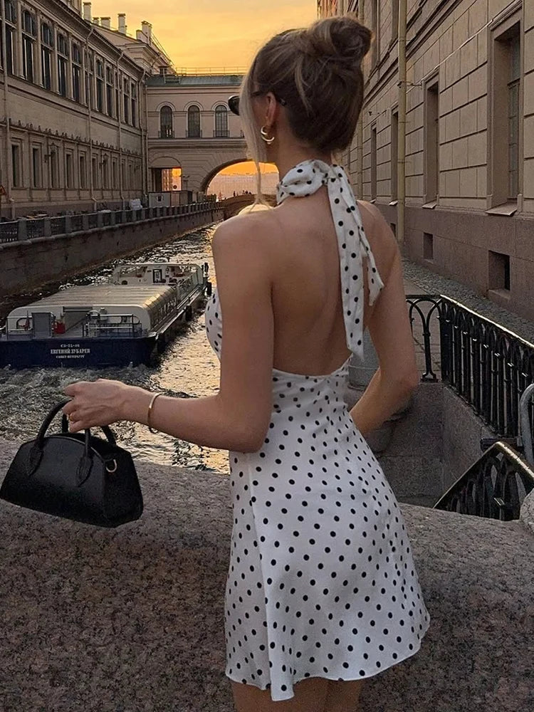 Polka Dot Off-Shoulder Halter Mini Dress - view 3