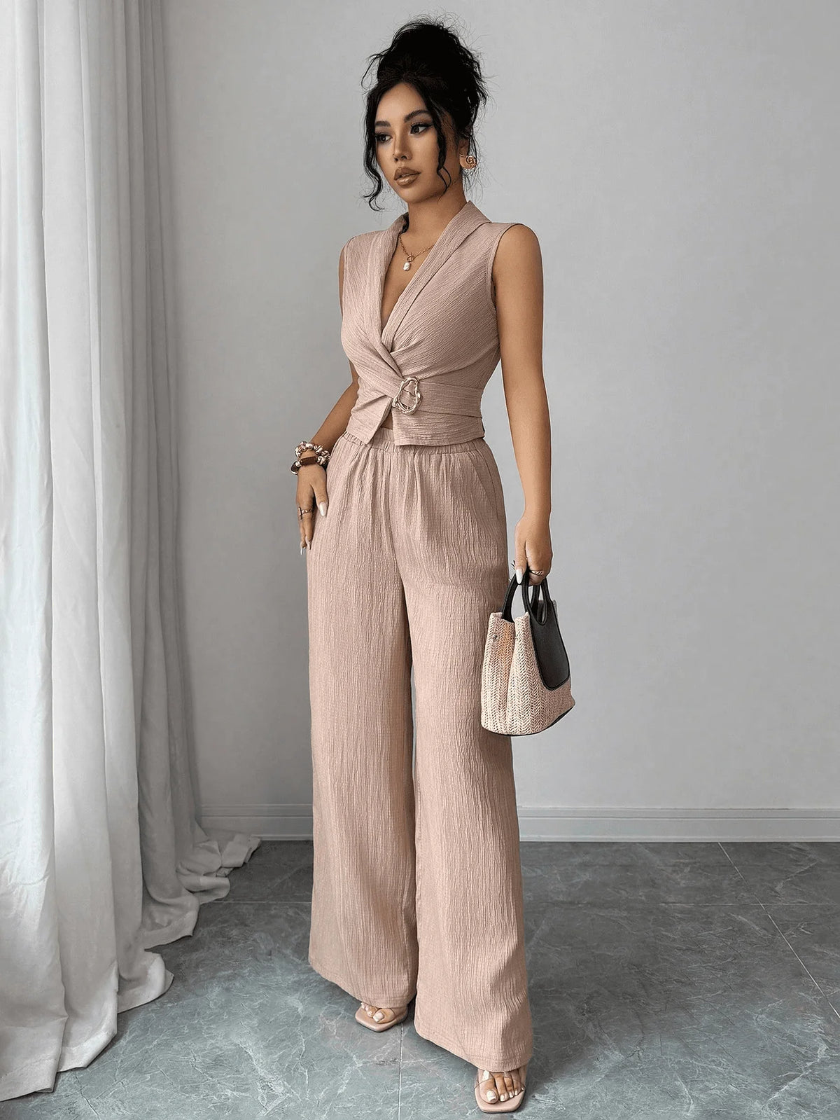 Wrap-Front Crop Top & Wide-Leg Pants Set - view 4