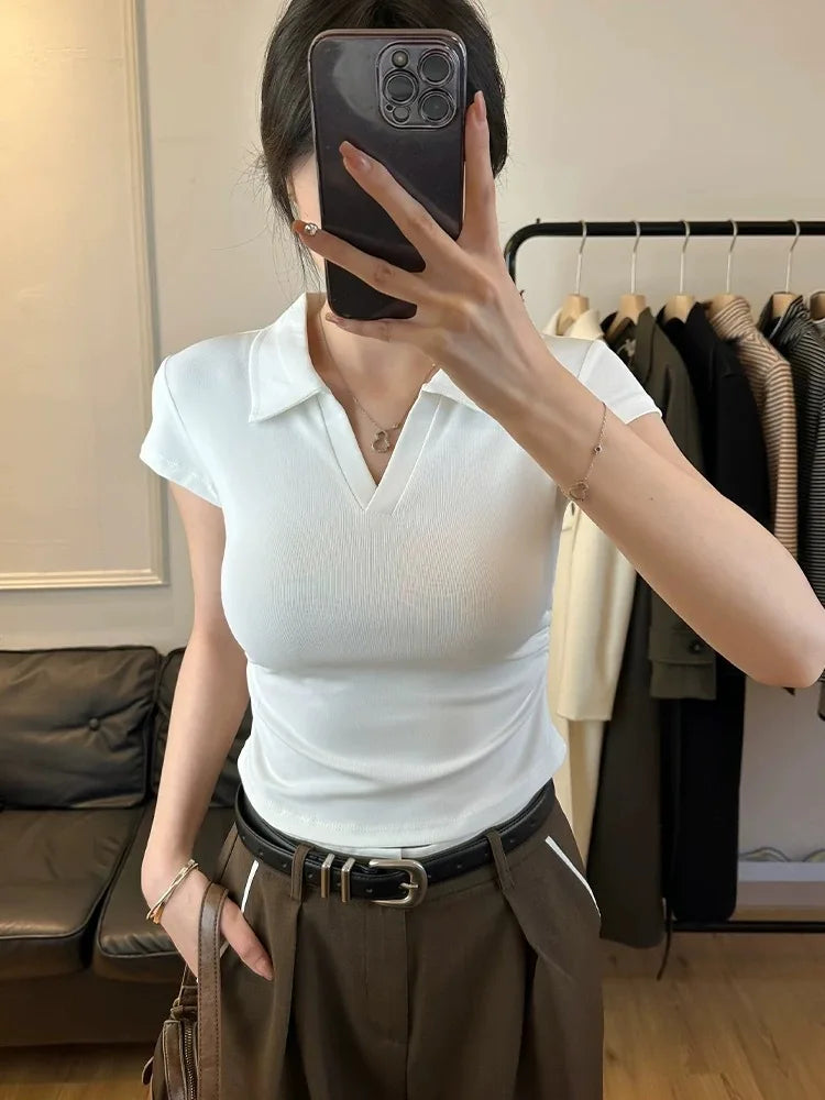 Skinny Cotton Polo Crop Top - view 6