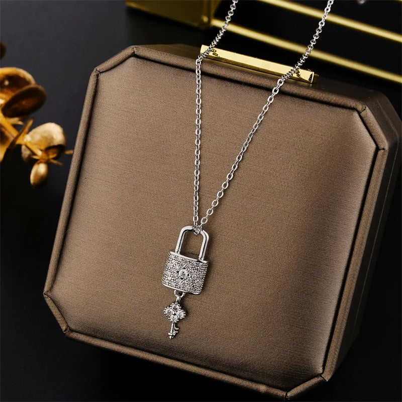 Zircon Lock & Key Pendant Necklace - view 5