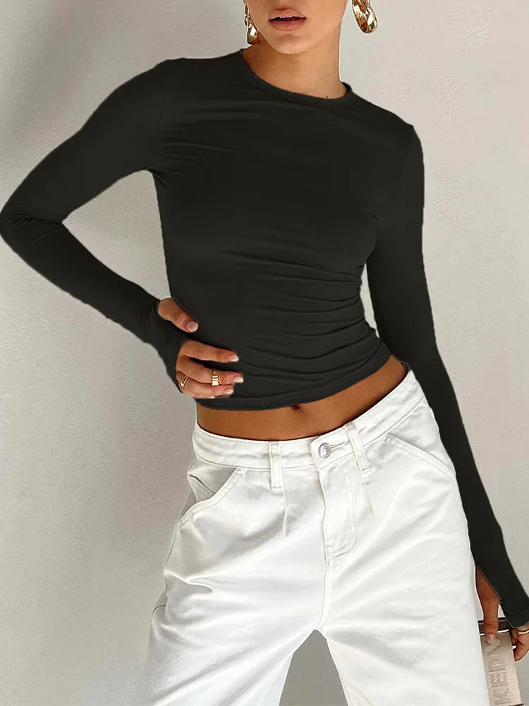 Thumb-Hole Crew Neck Crop Top - view 5