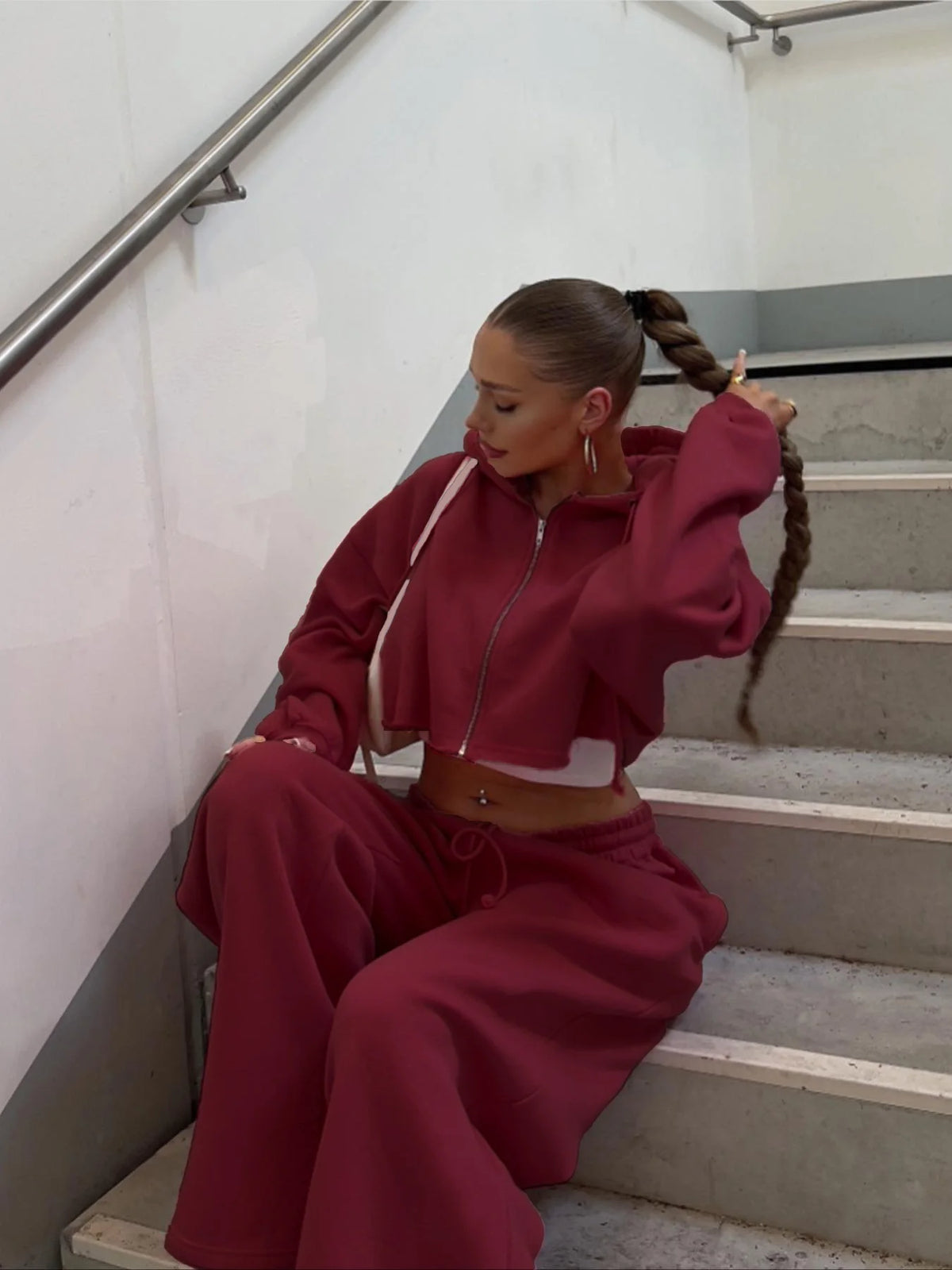 Hooded Zip-Up Cropped Sweatshirt Set - view 5