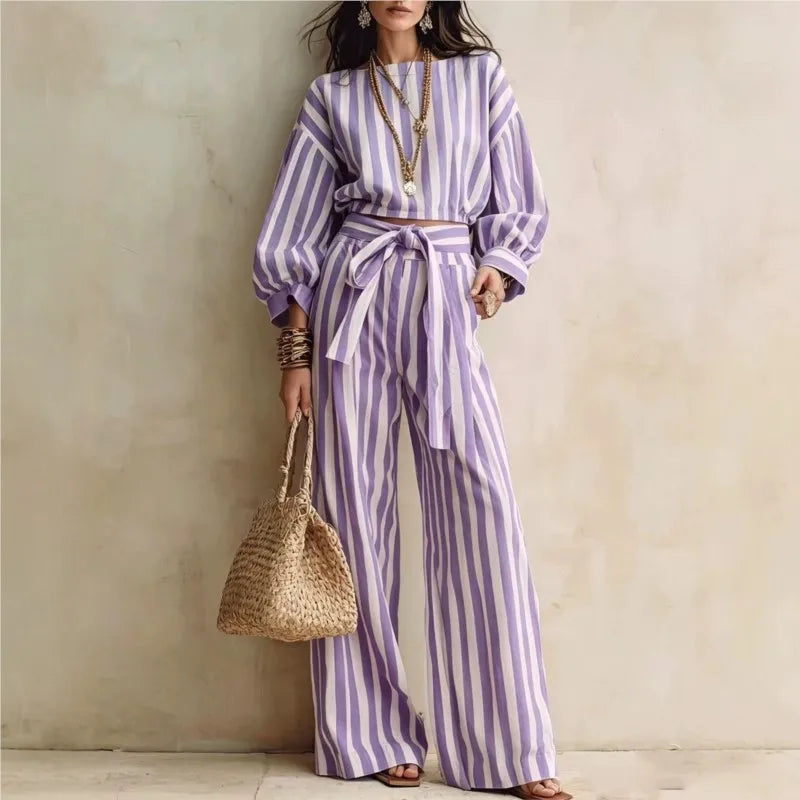 Striped Crop Top & Lace-Up Trousers Set - view 5