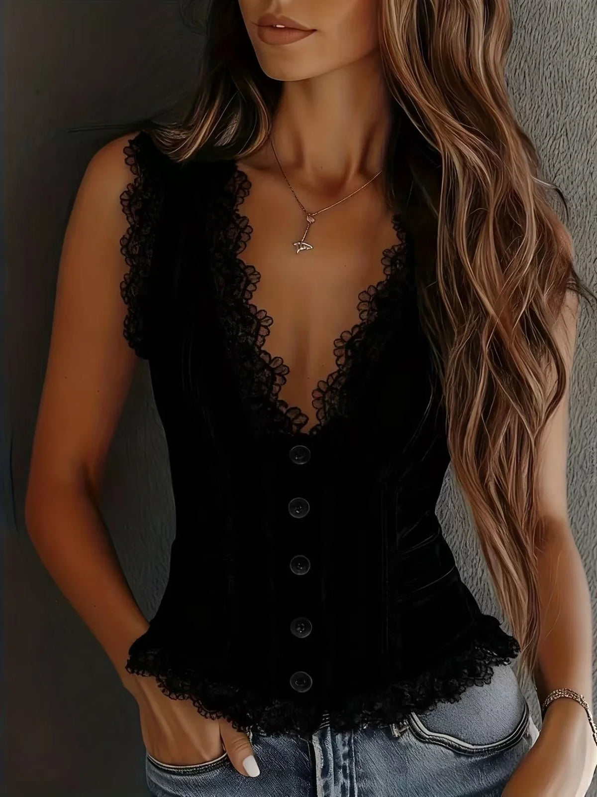 Deep V-Neck Lace Sleeveless Vest - view 7