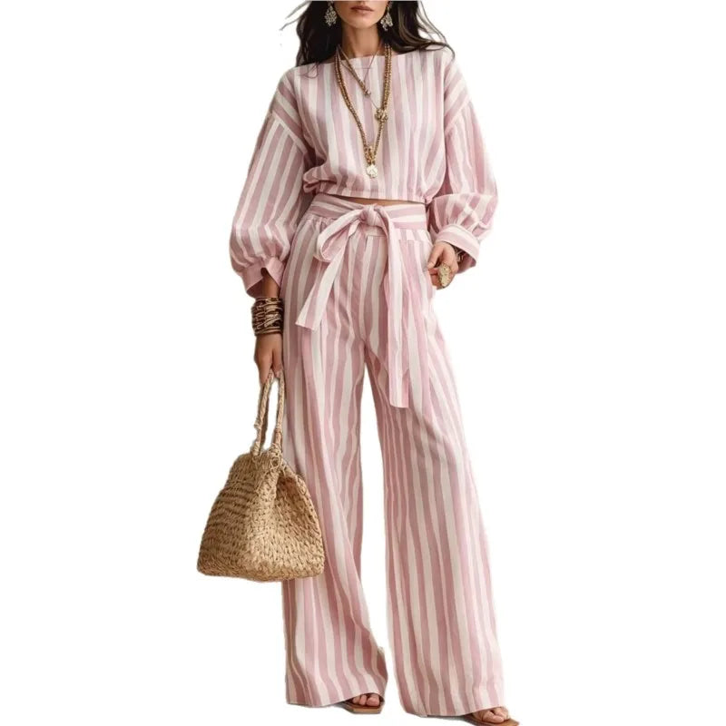 Striped Crop Top & Lace-Up Trousers Set - view 12
