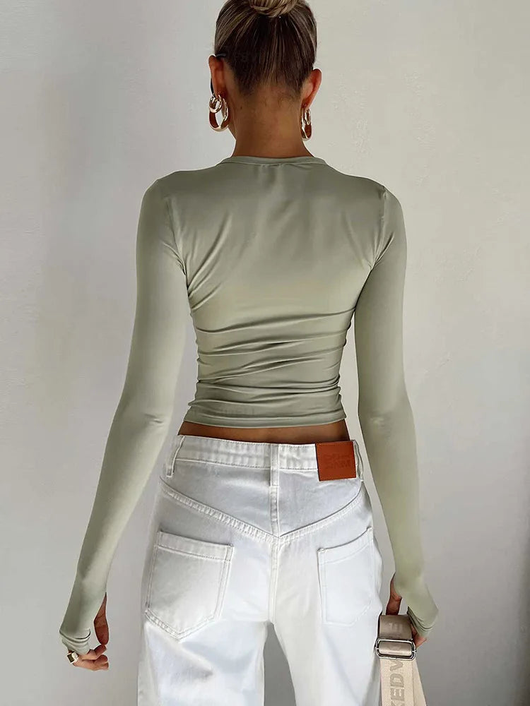 Thumb-Hole Crew Neck Crop Top - view 3