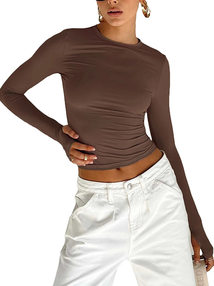 Thumb-Hole Crew Neck Crop Top - view 14