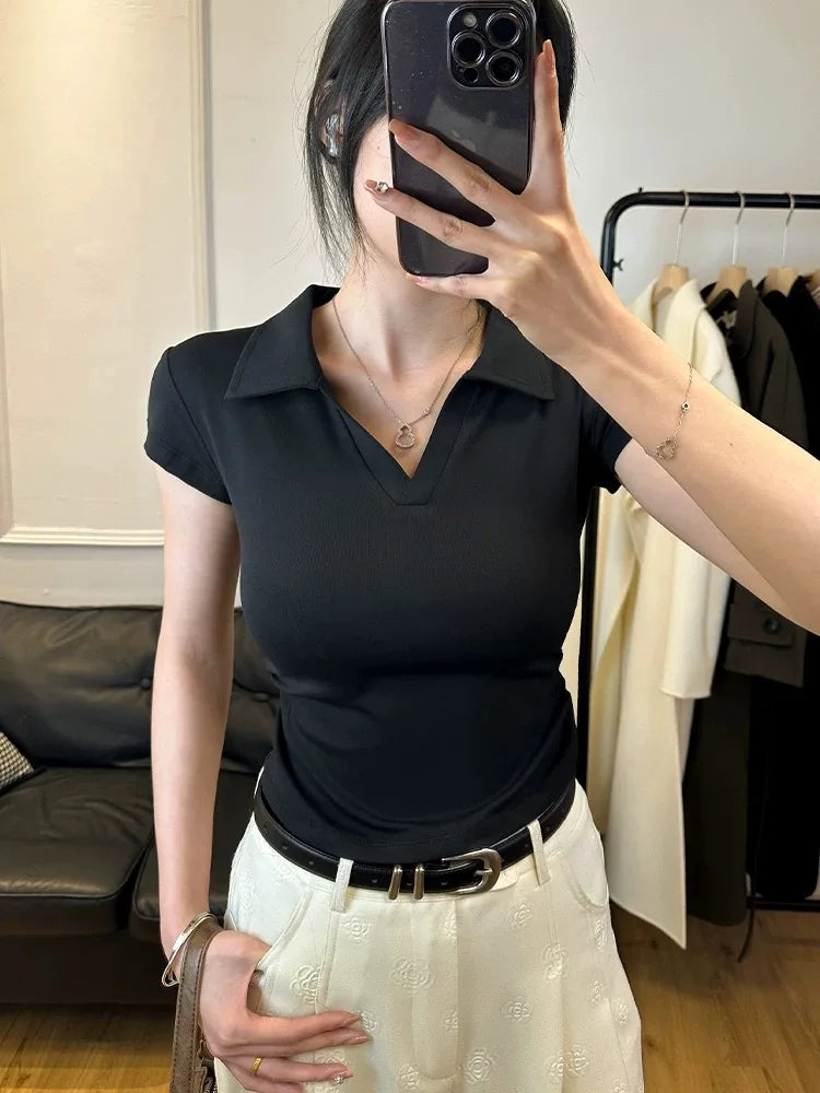 Skinny Cotton Polo Crop Top