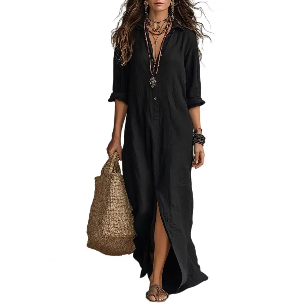 Long-Sleeve Button Maxi Shirt Dress - view 8