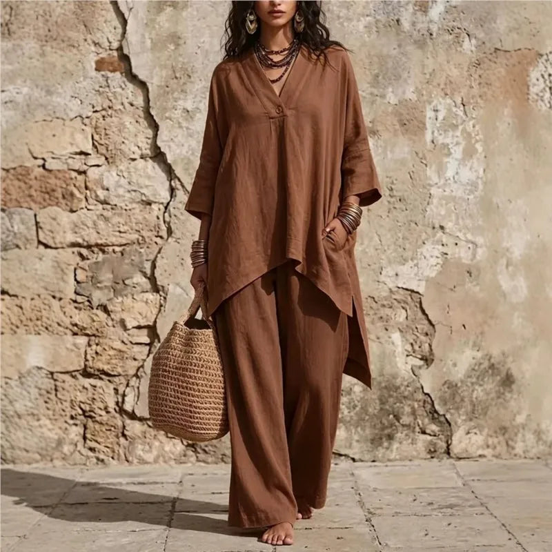 V-Neck Button Top & Wide-Leg Pants Set - view 4