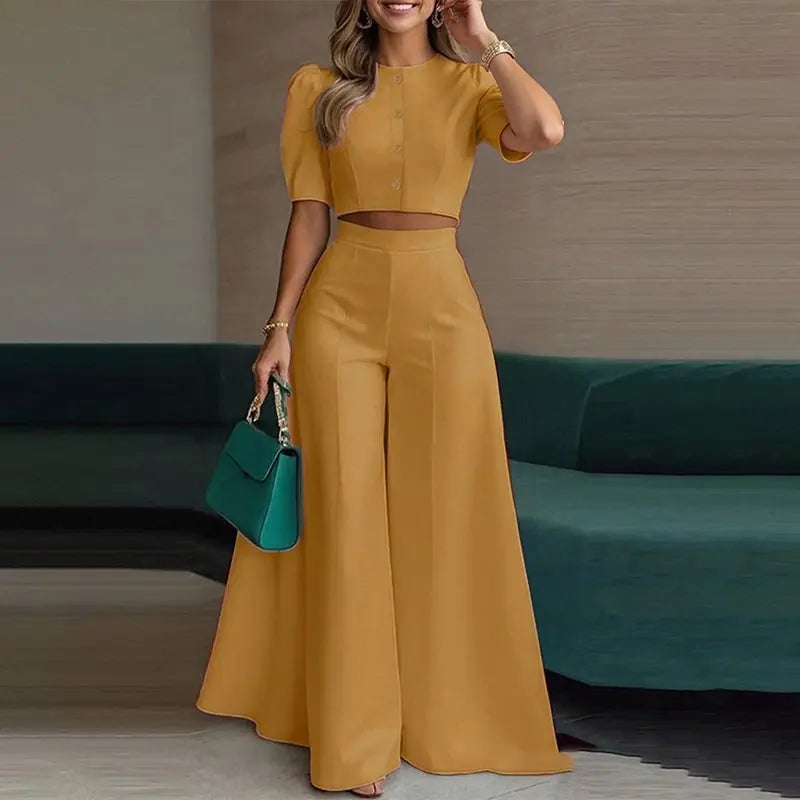 Puff-Sleeve Crop Top & Wide-Leg Pants Set - view 6