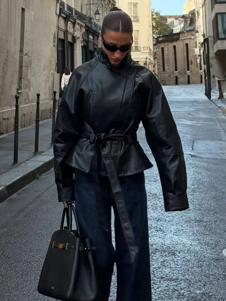 Belted Faux Leather Moto Jacket - view 3