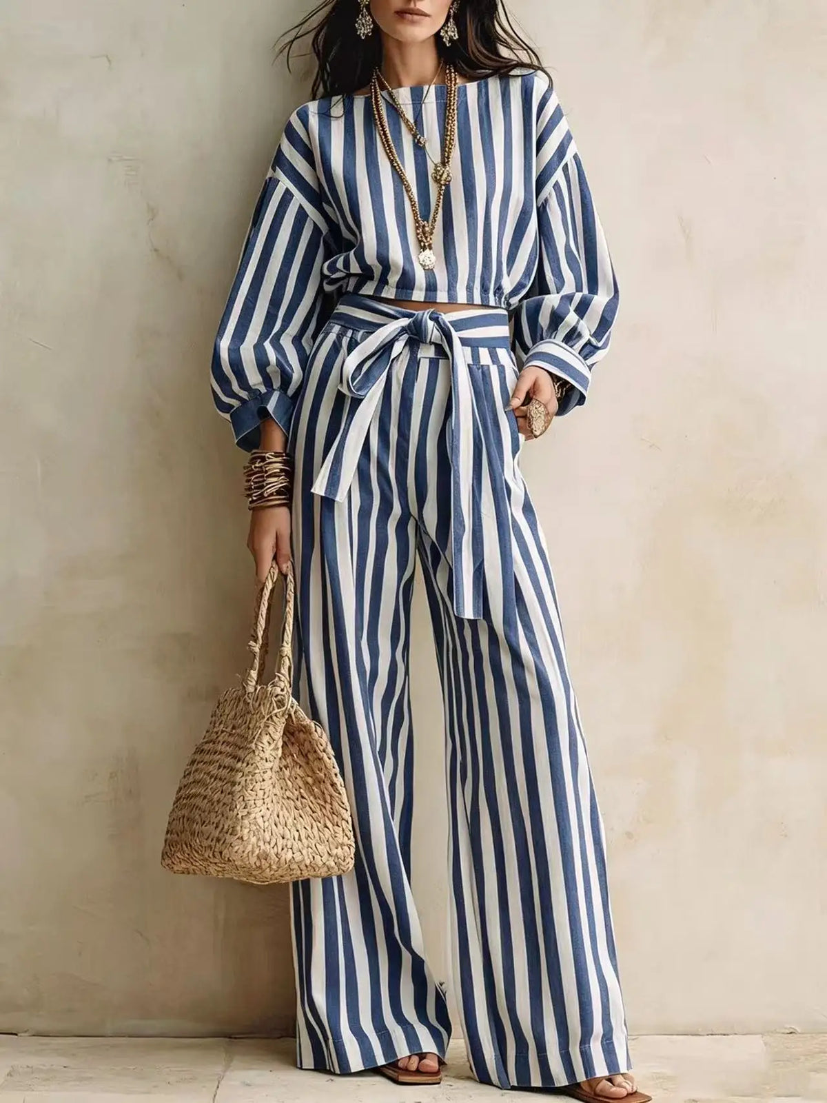 Striped Crop Top & Lace-Up Trousers Set - view 8