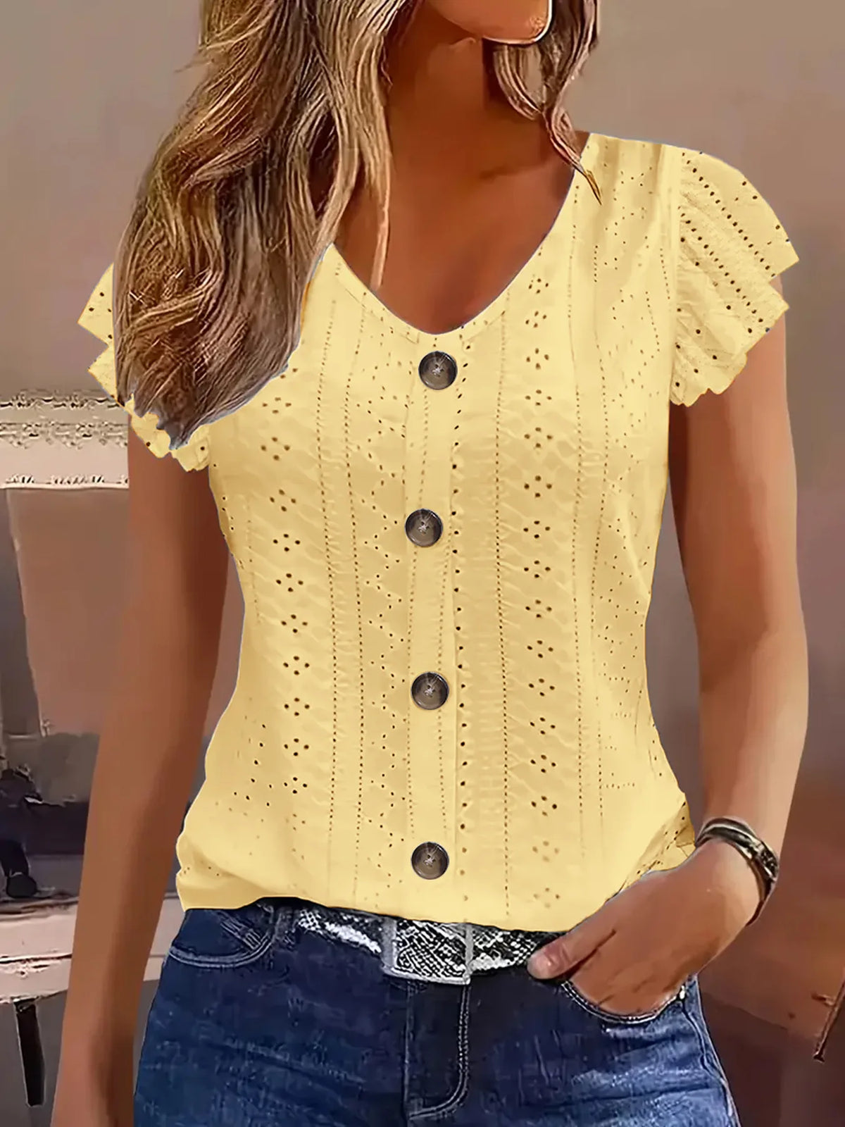 Ruffle-Sleeve V-Neck T-Shirt - view 10