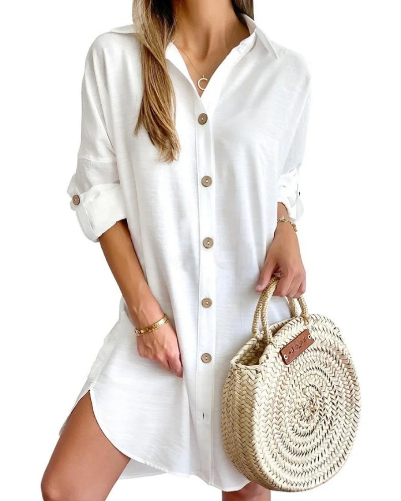 Roll-Sleeve Button-Down Tunic Dress