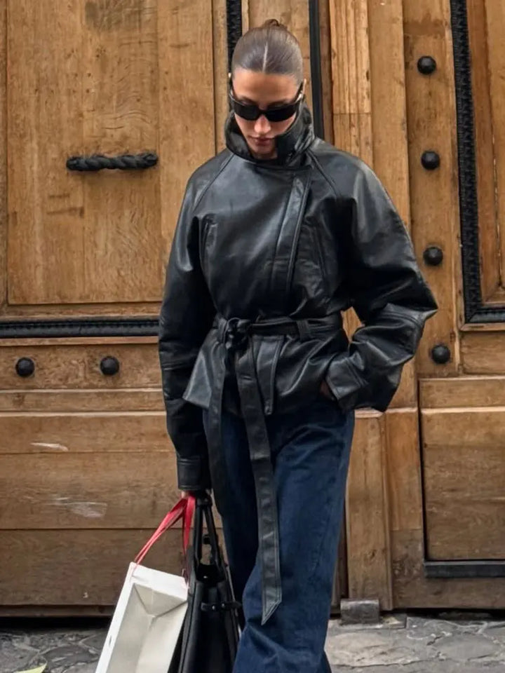 Belted Faux Leather Moto Jacket - view 2