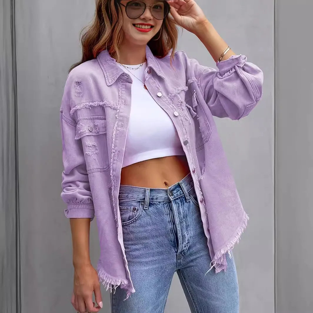 Distressed Mid-Length Denim Jacket - view 6