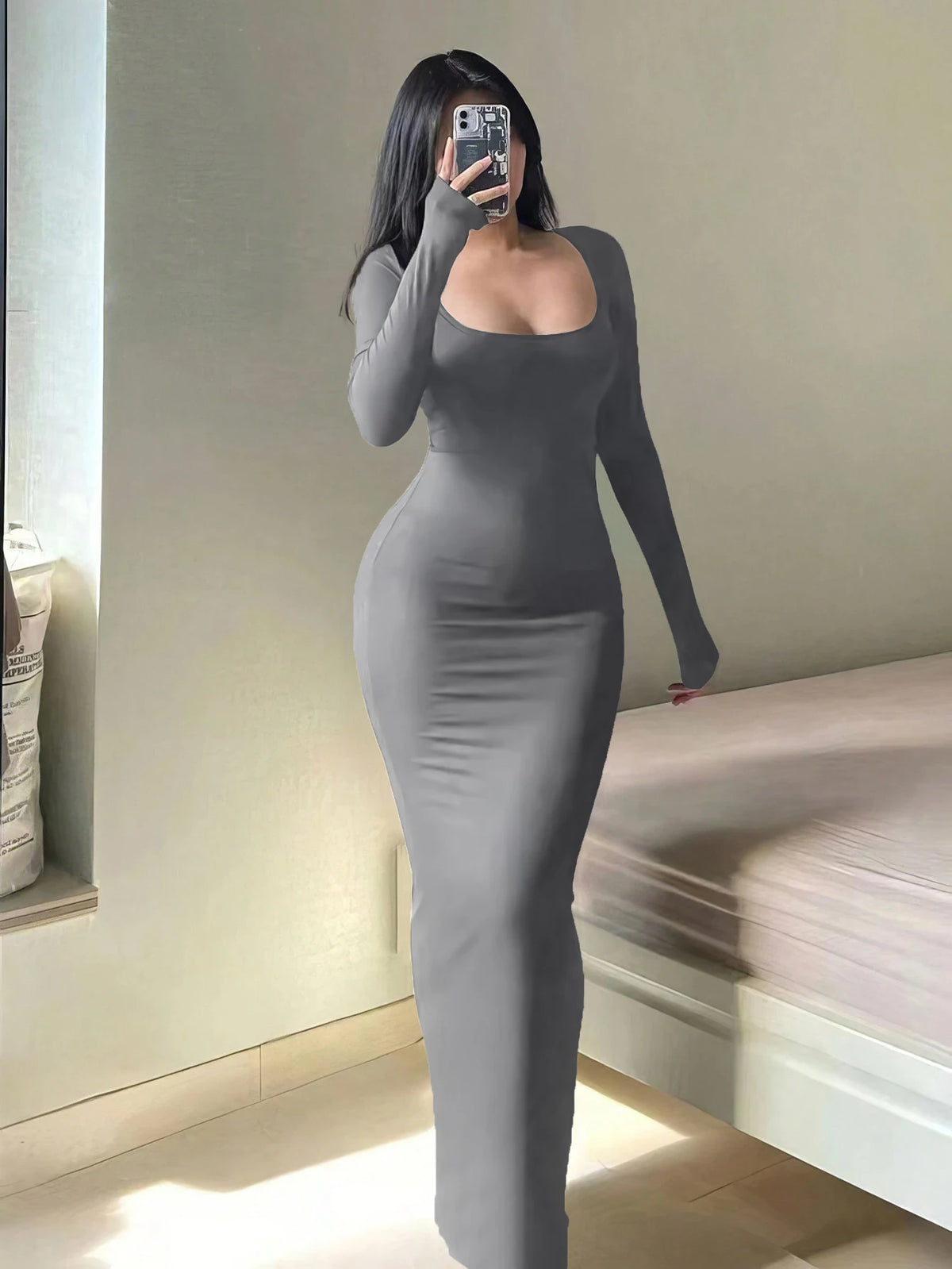 Long Sleeve Square-Neck Bodycon Dress - view 10