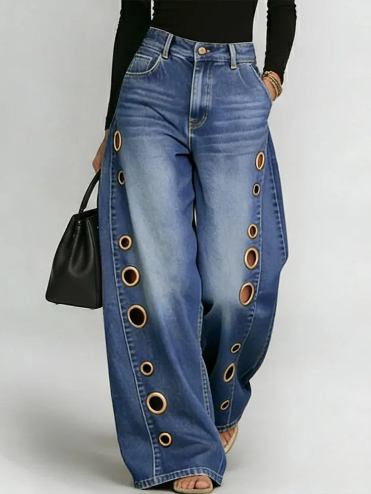 Grommet Wide-Leg Washed Jeans