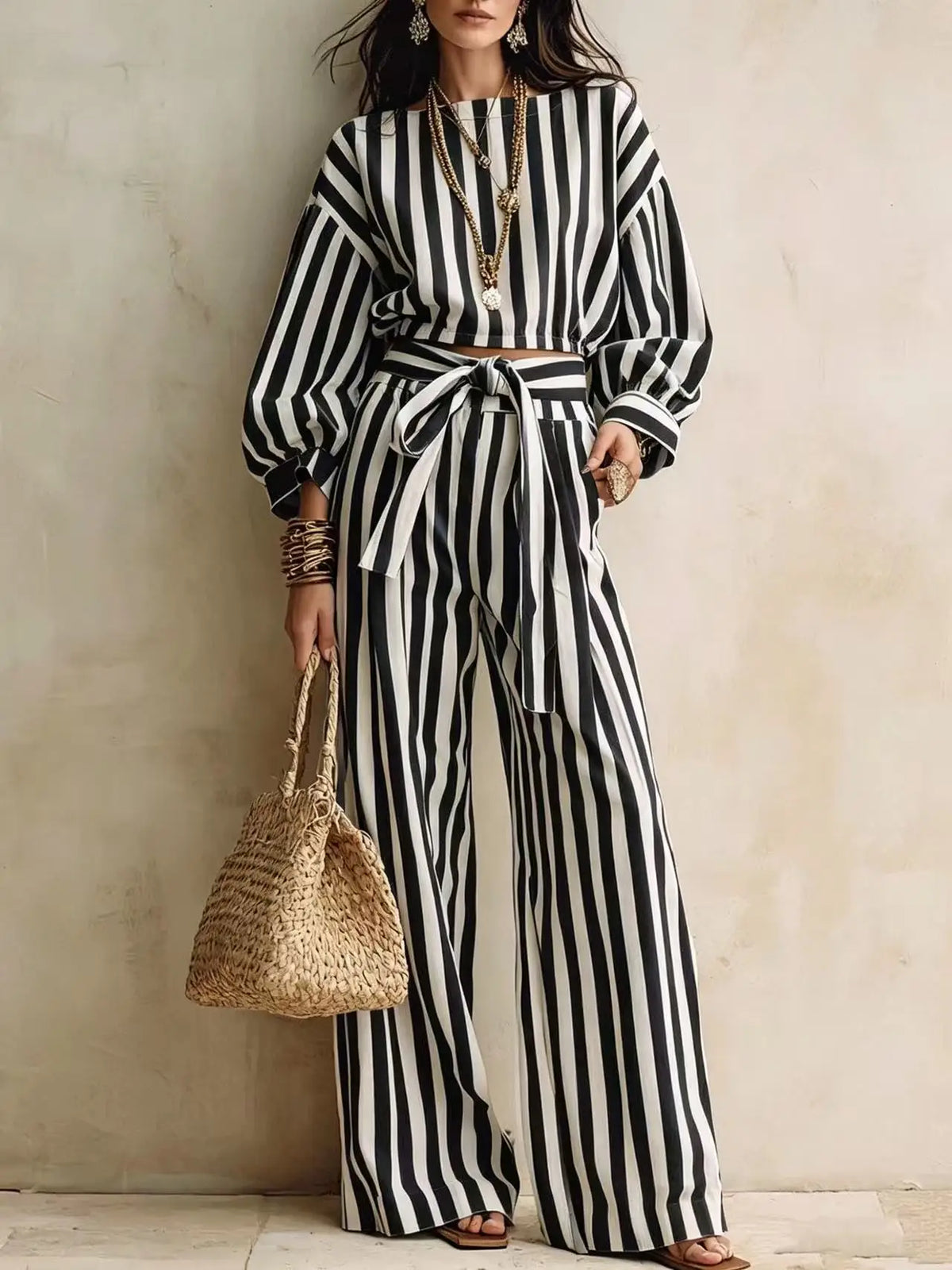 Striped Crop Top & Lace-Up Trousers Set - view 11