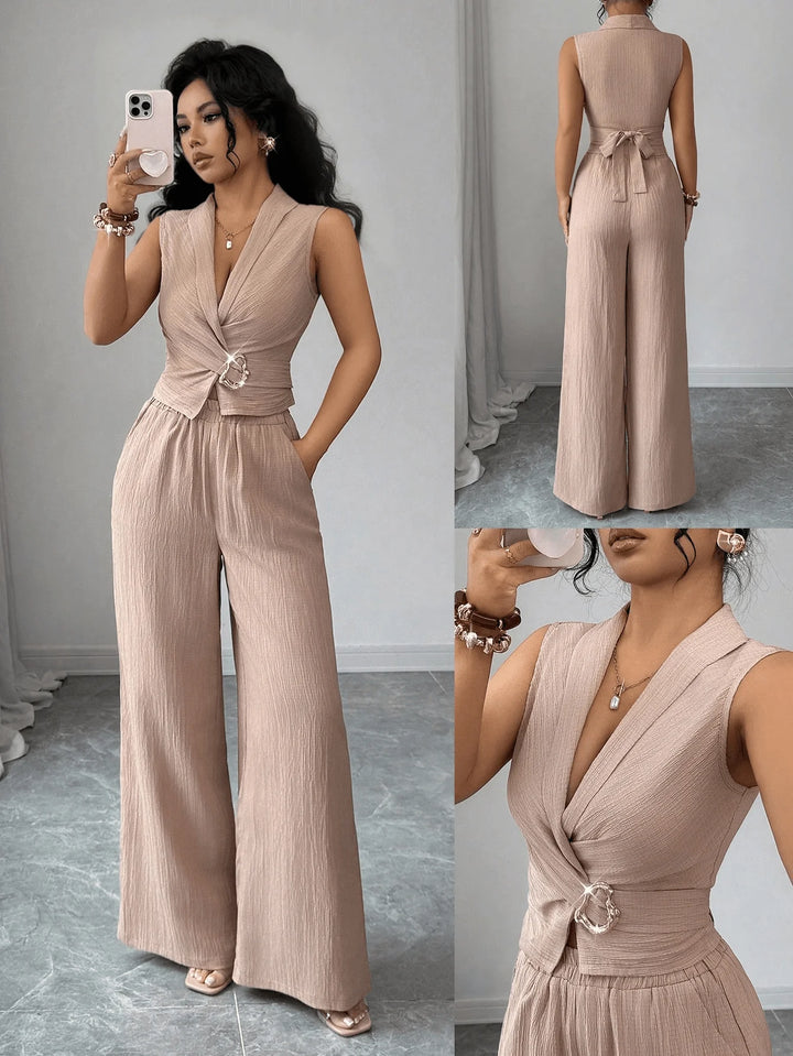 Wrap-Front Crop Top & Wide-Leg Pants Set