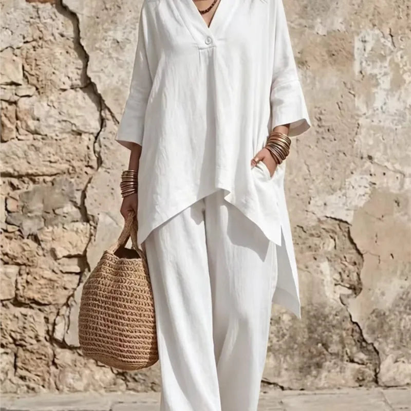 V-Neck Button Top & Wide-Leg Pants Set - view 2