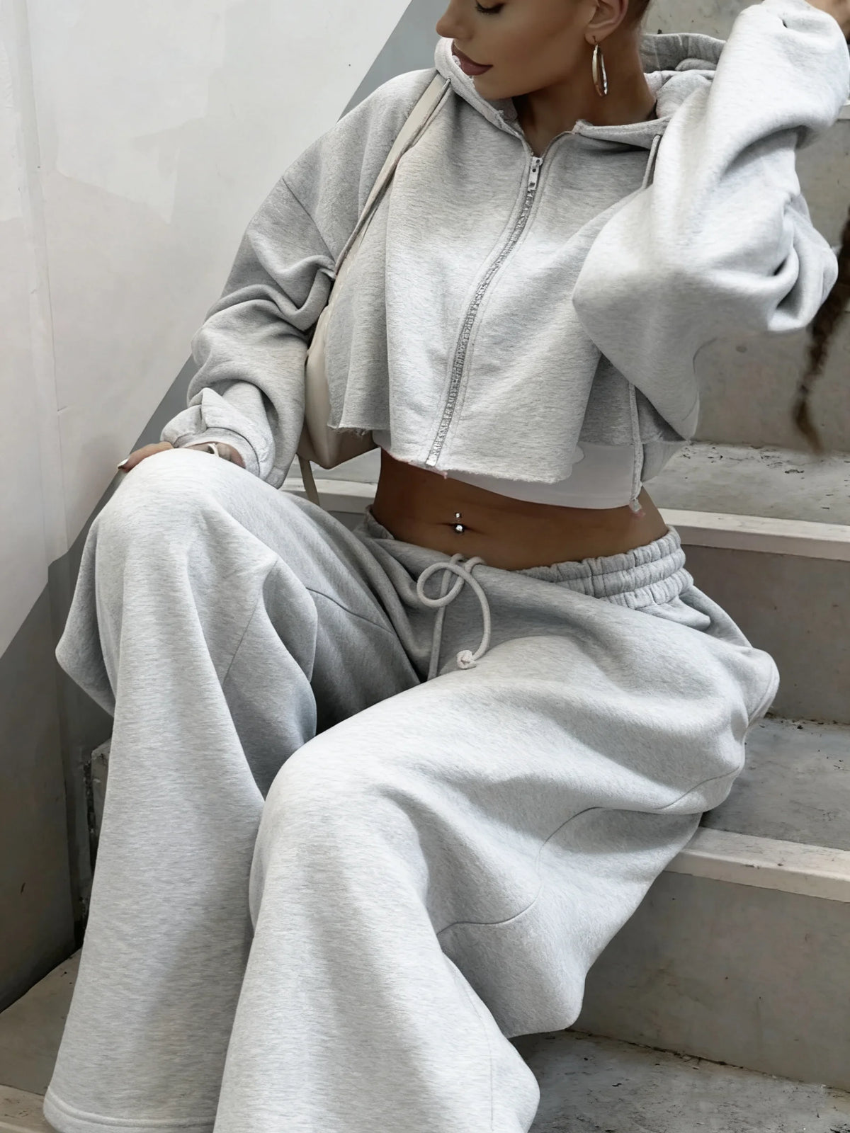 Hooded Zip-Up Cropped Sweatshirt Set - view 7