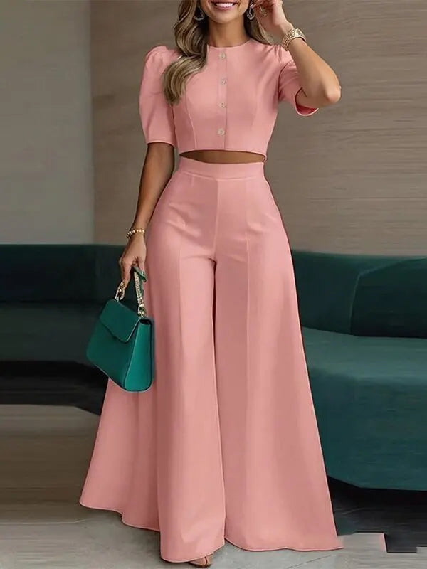 Puff-Sleeve Crop Top & Wide-Leg Pants Set - view 7