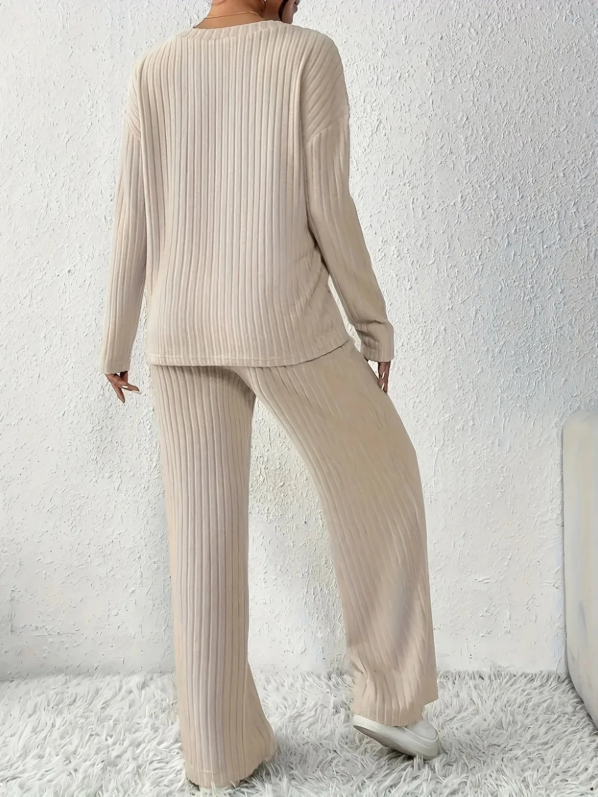 Ribbed Knit V-Neck Loungewear Set - view 2