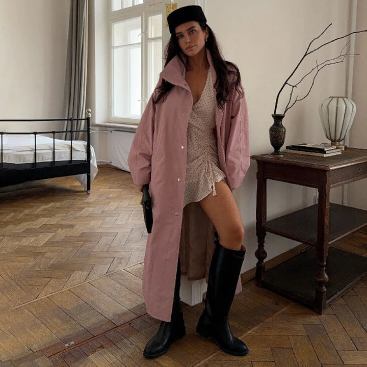 Drop-Shoulder Stand-Collar Maxi Coat
