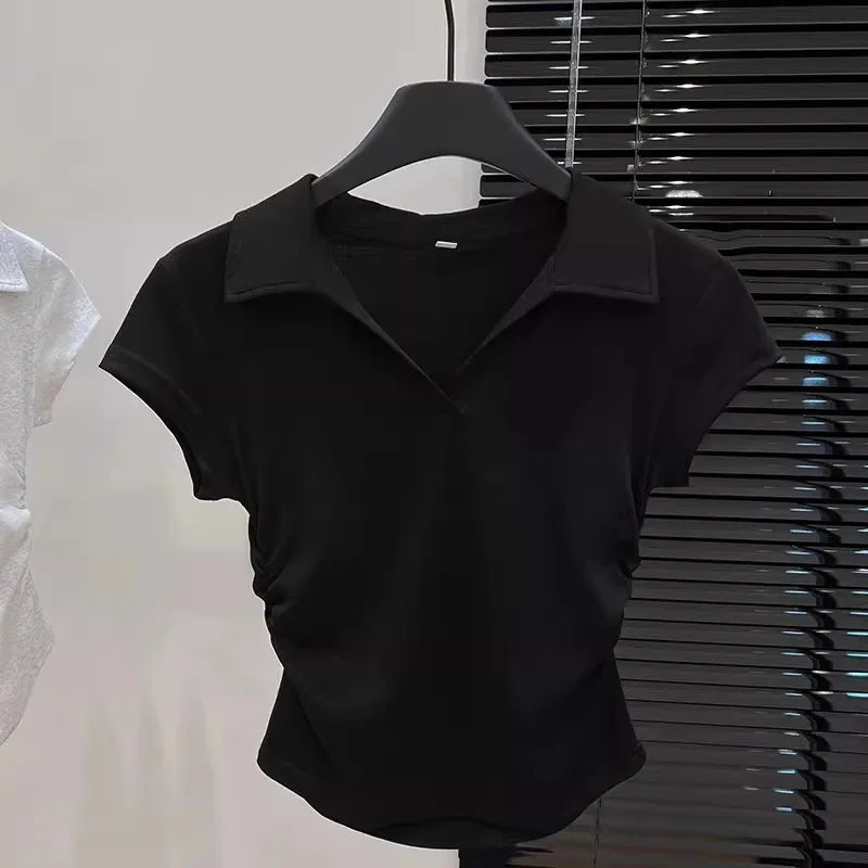 Skinny Cotton Polo Crop Top - view 4