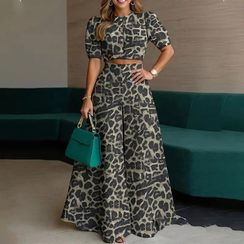 Puff-Sleeve Crop Top & Wide-Leg Pants Set - view 3