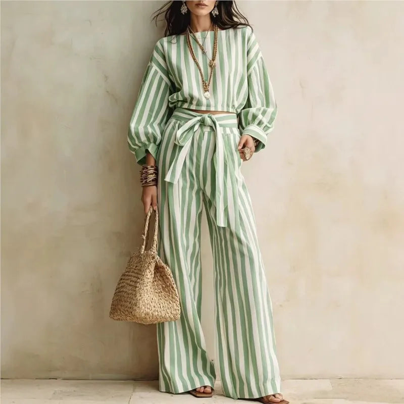 Striped Crop Top & Lace-Up Trousers Set