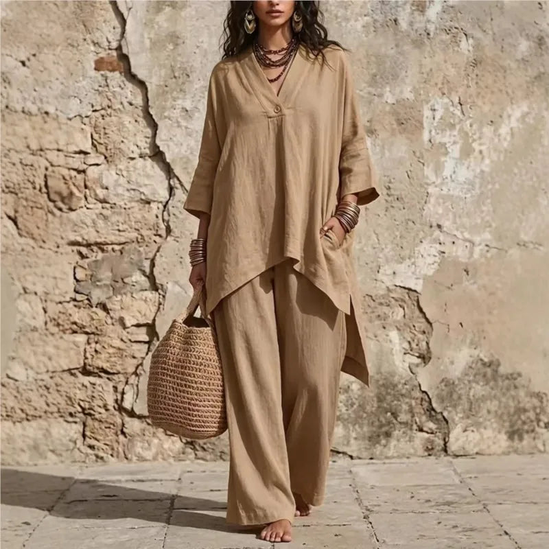 V-Neck Button Top & Wide-Leg Pants Set - view 5