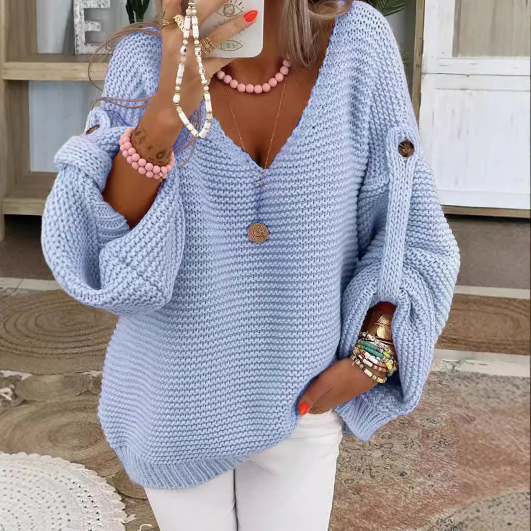 Button-Detail V-Neck Sweater