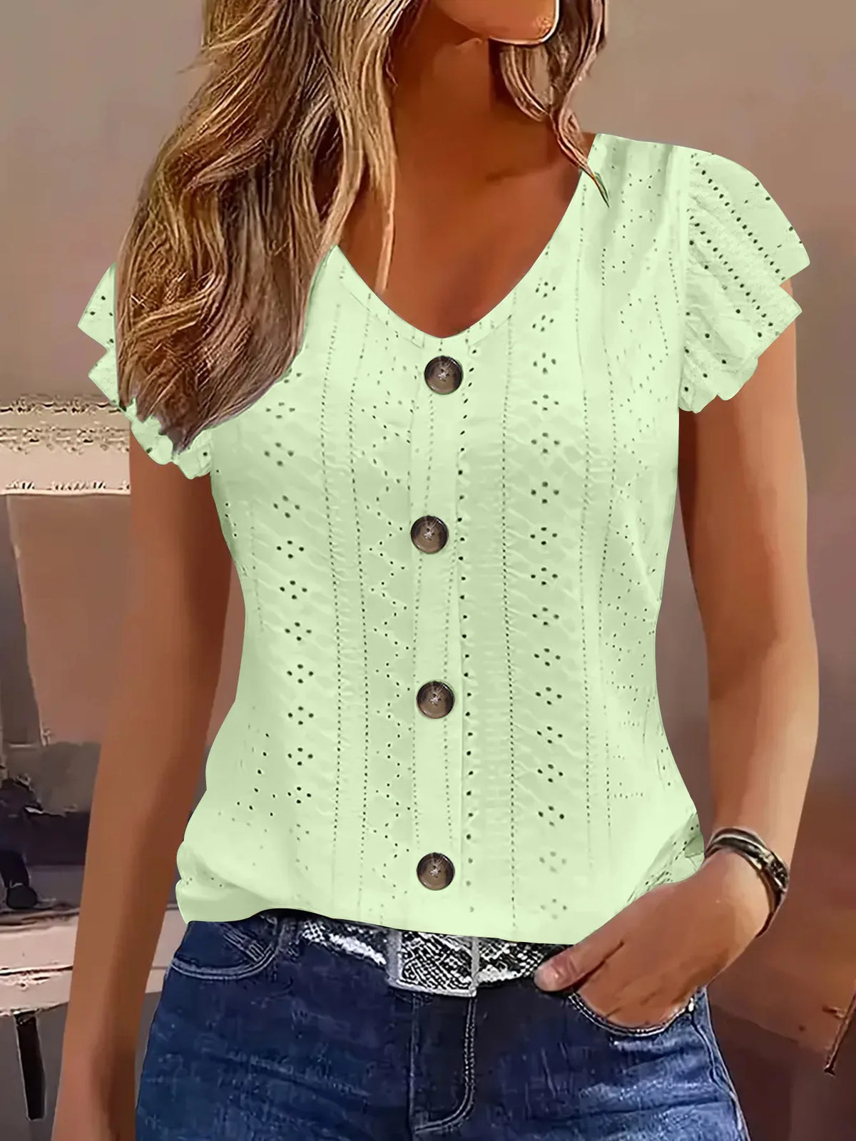 Ruffle-Sleeve V-Neck T-Shirt - view 11