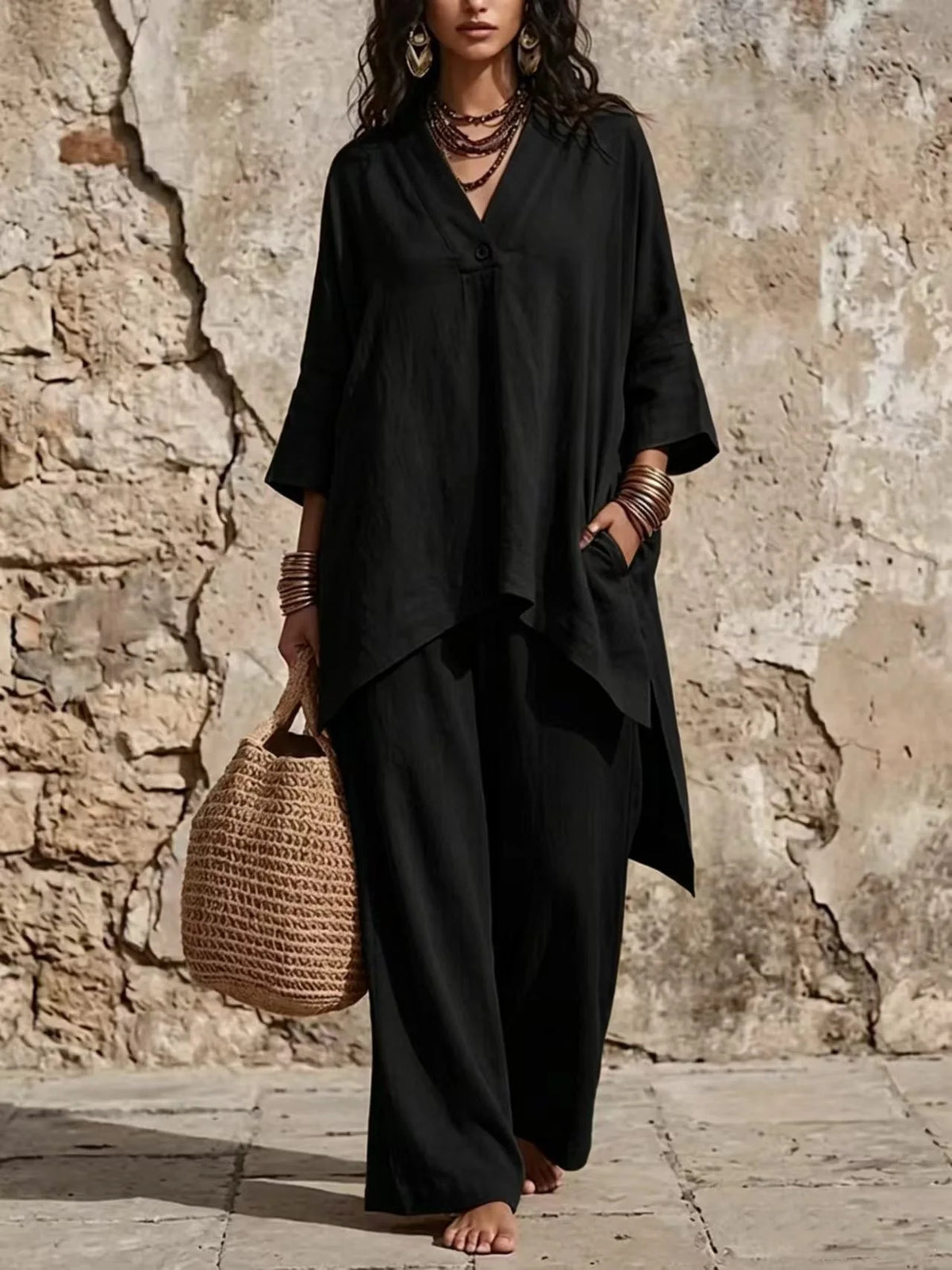 V-Neck Button Top & Wide-Leg Pants Set - view 10