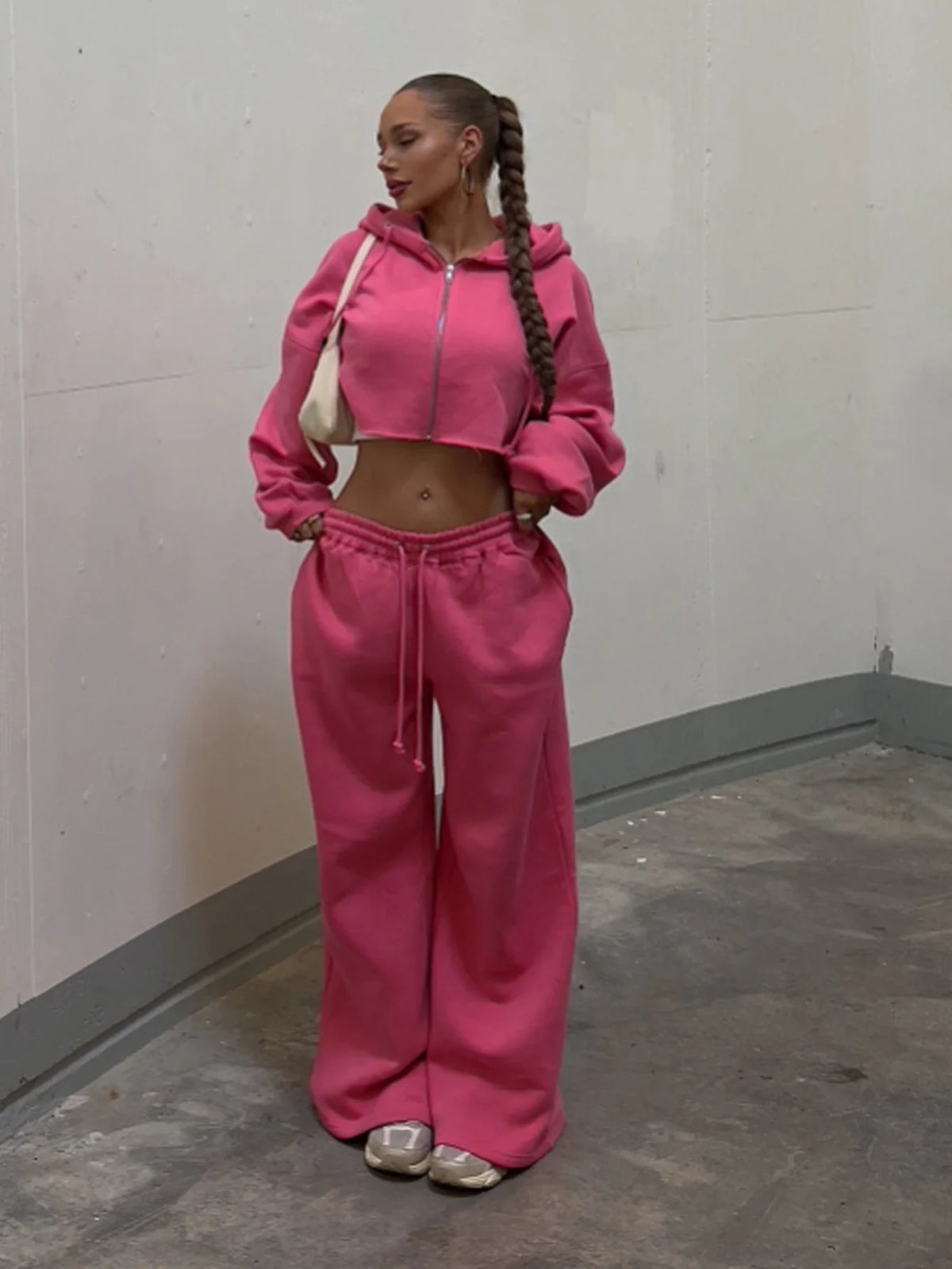 Hooded Zip-Up Cropped Sweatshirt Set - view 3