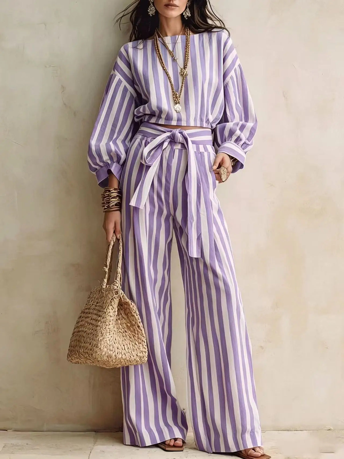 Striped Crop Top & Lace-Up Trousers Set - view 6