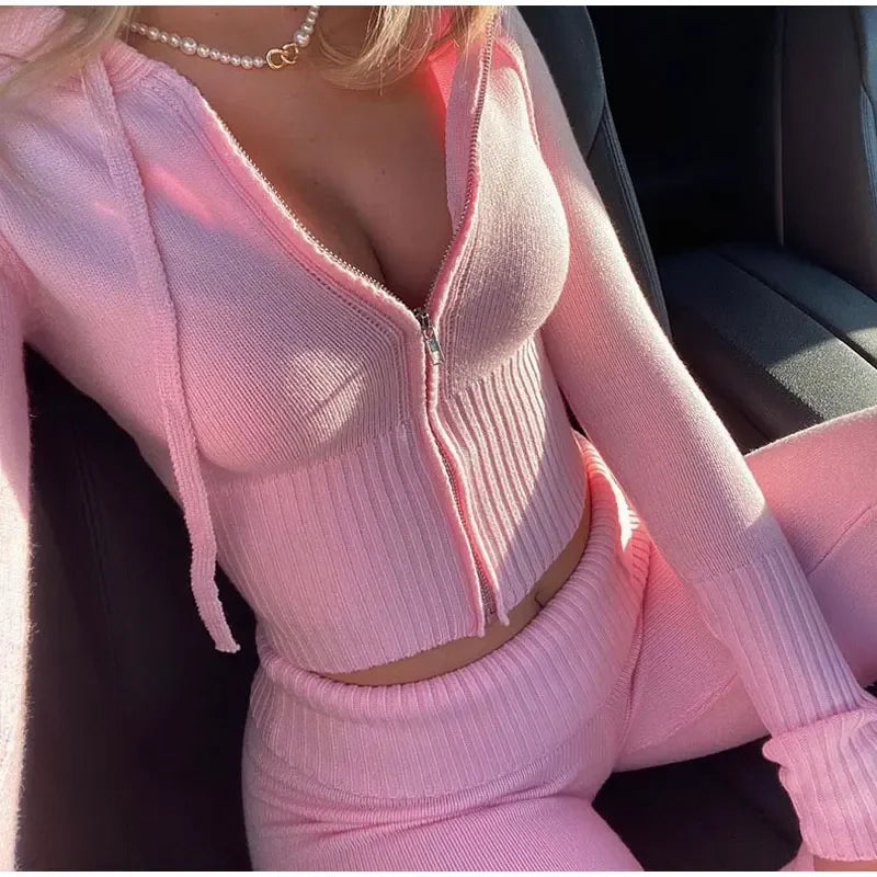 Ribbed Knit Hooded Two-Piece Set - view 3