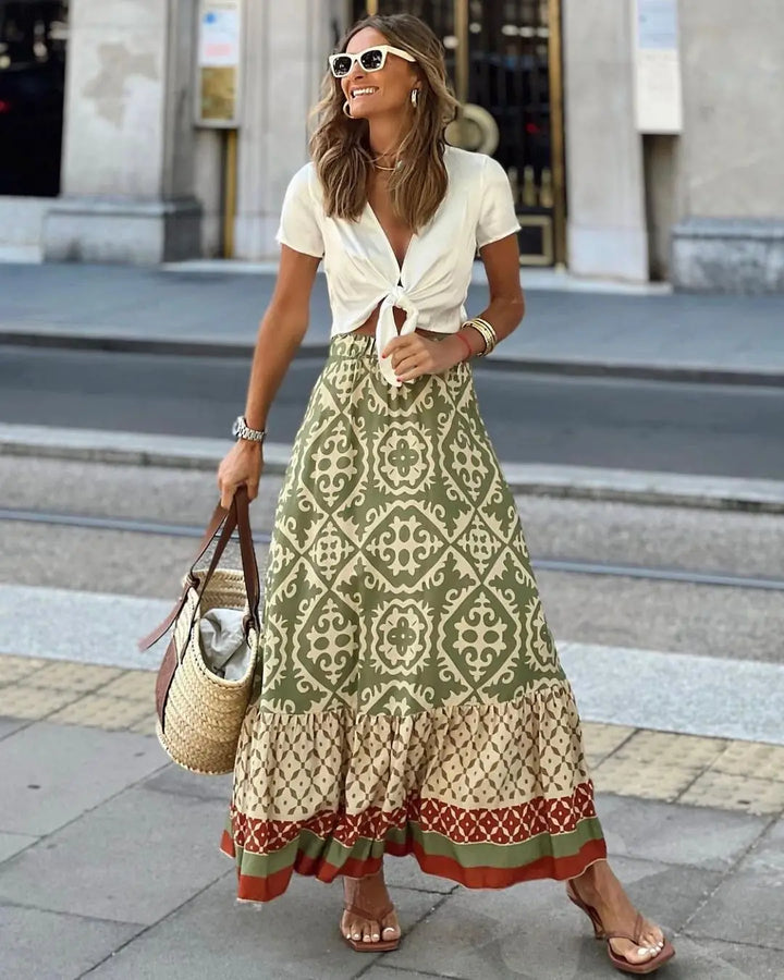 Printed Boho Swing Midi Skirt