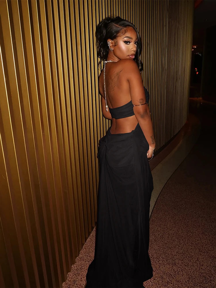 Sheer Chain-Halter Backless Gown - view 3