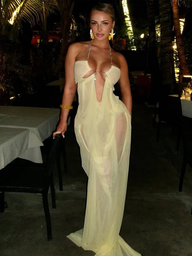 Sheer Chain-Halter Backless Gown - view 6