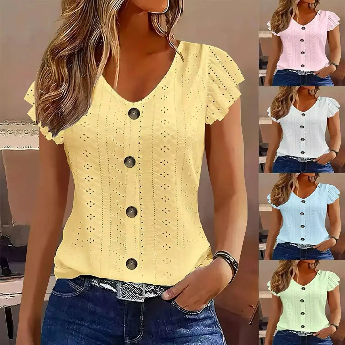 Ruffle-Sleeve V-Neck T-Shirt